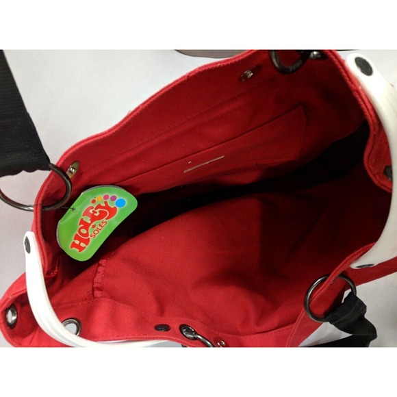 VINTAGE HOLEY SOLES GETAWAY BEACH BAG CANVAS TOTE RED RUBBER SOLE BOTTOM STRAPS - Picture 7 of 11